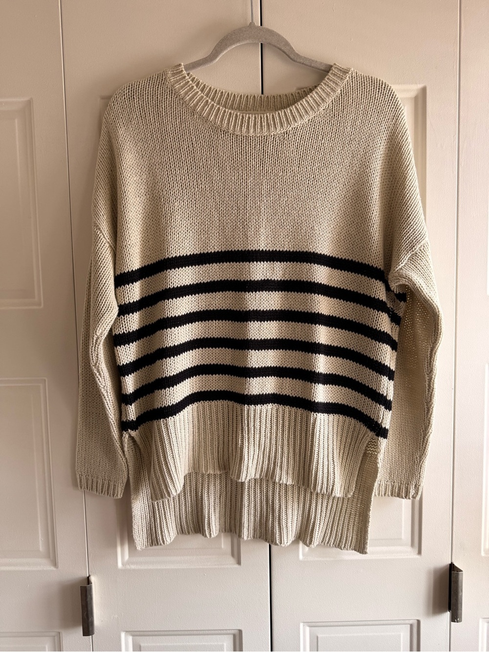 RDI Cream and Black Striped Crewneck Sweater